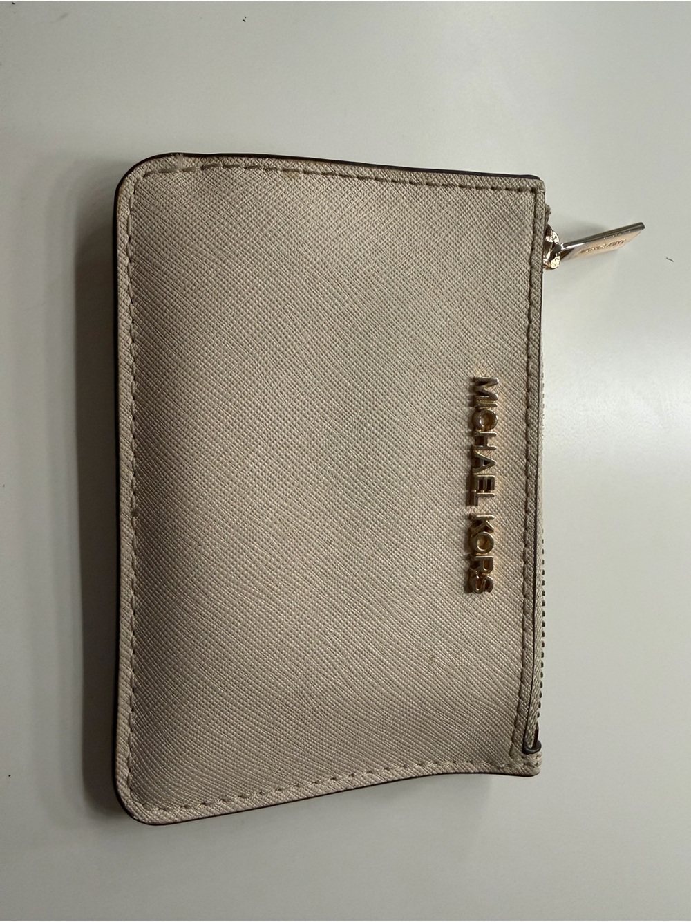 Michael Kors Cream Saffiano Zip Card Holder with Gold Logo